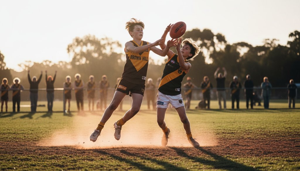 Dramatic wide-angle photograph capturing junior footy triumphs Brown Hill, showing a young Australian Rules Football player soaring above others for a mark under dramatic stadium lights at dusk, with cheering spectators in the blurred background, professionally colour graded.