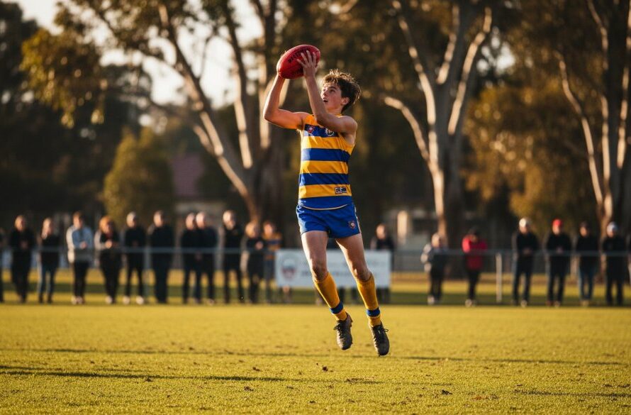 A dynamic, wide-angle photograph perfectly capturing junior footy triumphs East Geelong, showing a young Australian Rules Football player in mid-air, hands on the ball, surrounded by teammates and blurred spectators at a local oval during golden hour.
