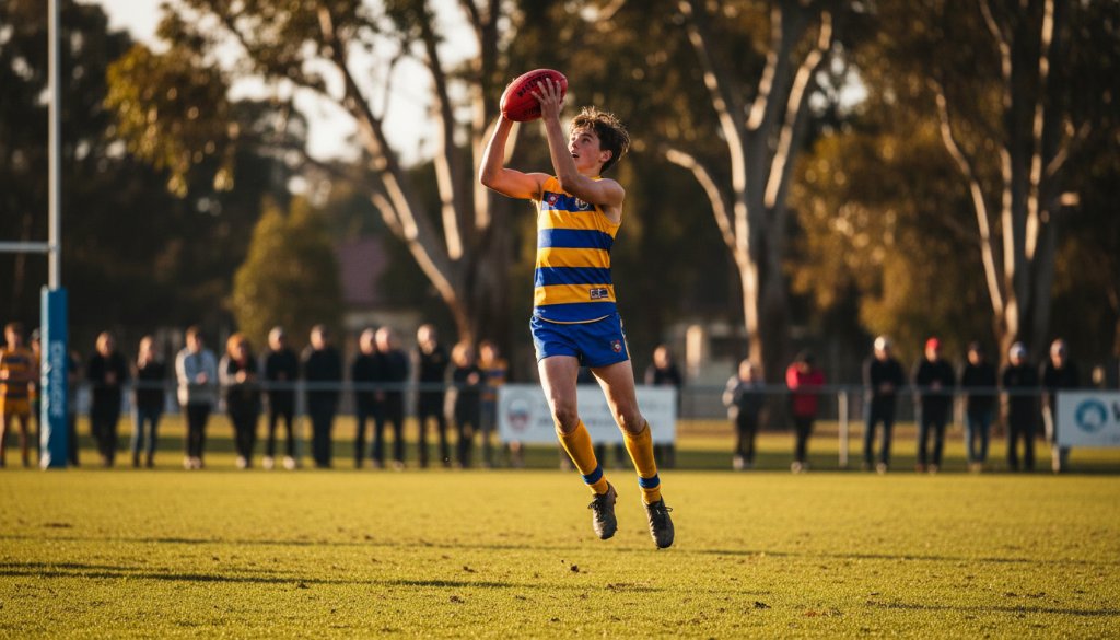 A dynamic, wide-angle photograph perfectly capturing junior footy triumphs East Geelong, showing a young Australian Rules Football player in mid-air, hands on the ball, surrounded by teammates and blurred spectators at a local oval during golden hour.