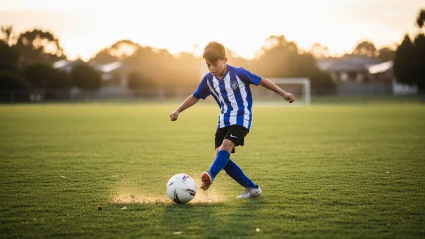 An athlete in full flight, mid-jump, during a junior sports event in Altona Meadows, with dramatic backlighting and a blurred stadium background, capturing junior sports action Altona Meadows.