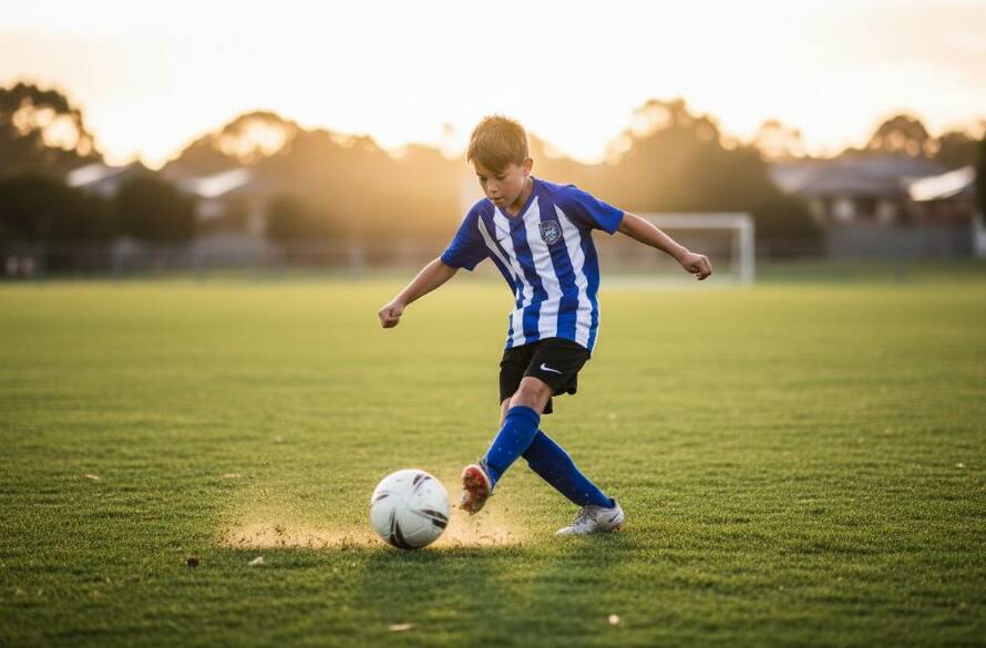 An athlete in full flight, mid-jump, during a junior sports event in Altona Meadows, with dramatic backlighting and a blurred stadium background, capturing junior sports action Altona Meadows.