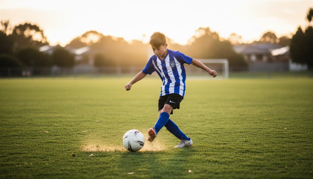 An athlete in full flight, mid-jump, during a junior sports event in Altona Meadows, with dramatic backlighting and a blurred stadium background, capturing junior sports action Altona Meadows.