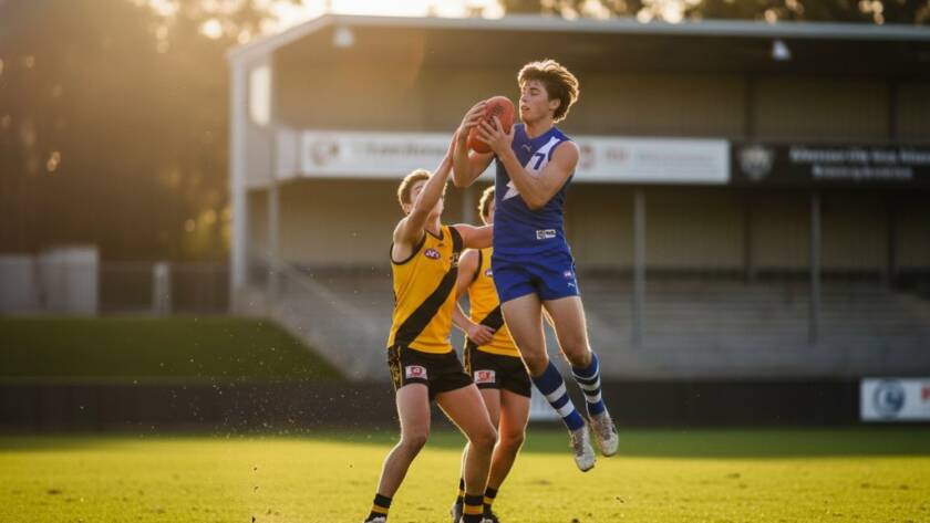 Dramatic shot of a young soccer player celebrating a goal, mid-air with a powerful kick, under stadium lights in Balwyn North, perfectly capturing junior sports action Balwyn North.