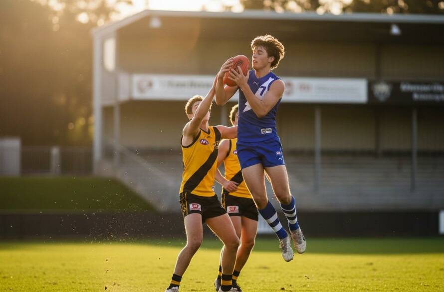 Dramatic shot of a young soccer player celebrating a goal, mid-air with a powerful kick, under stadium lights in Balwyn North, perfectly capturing junior sports action Balwyn North.