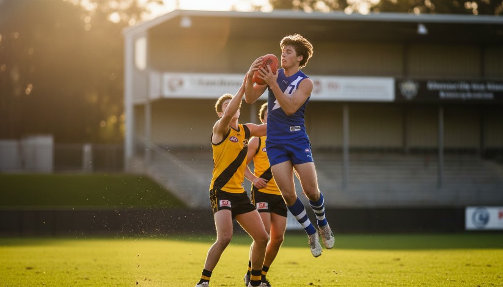 Dramatic shot of a young soccer player celebrating a goal, mid-air with a powerful kick, under stadium lights in Balwyn North, perfectly capturing junior sports action Balwyn North.