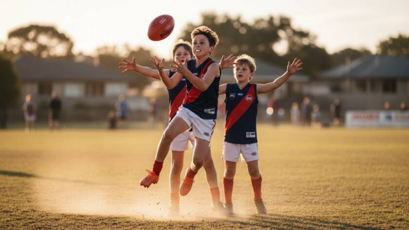 Dynamic close-up of a young footballer scoring a goal during a junior sports action Bentleigh match, bathed in dramatic golden hour light, capturing the peak of excitement and determination.
