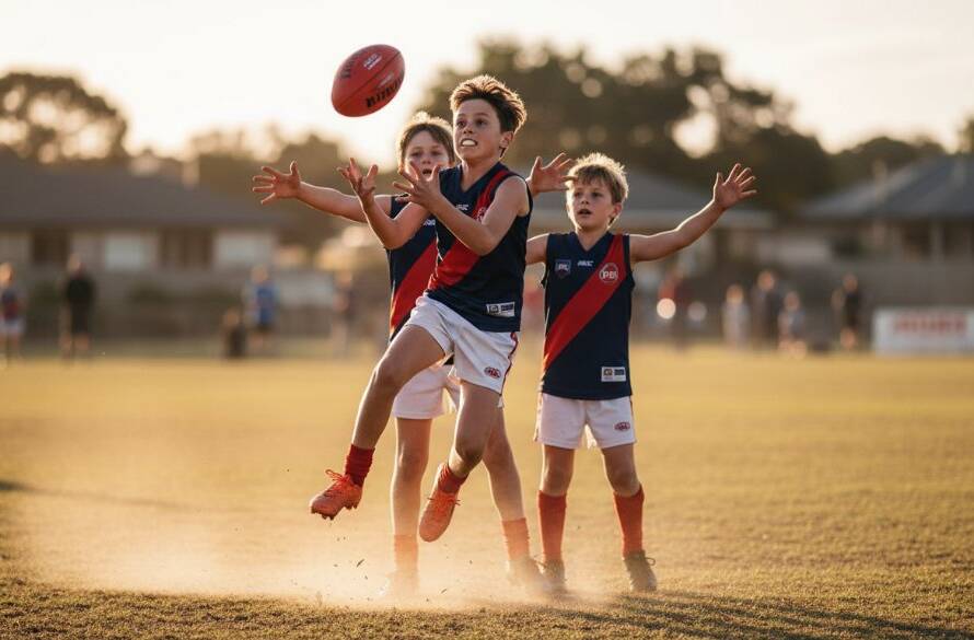 Dynamic close-up of a young footballer scoring a goal during a junior sports action Bentleigh match, bathed in dramatic golden hour light, capturing the peak of excitement and determination.