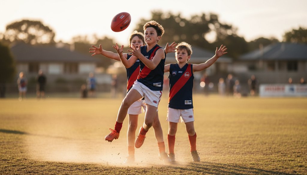 Dynamic close-up of a young footballer scoring a goal during a junior sports action Bentleigh match, bathed in dramatic golden hour light, capturing the peak of excitement and determination.