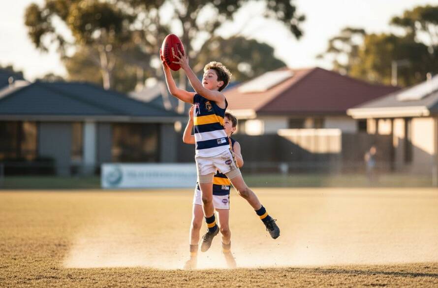 A dynamic, low-angle shot of a young athlete mid-air, scoring a goal at a Caroline Springs local sports ground, dramatically lit by golden hour sun, perfectly capturing junior sports action Caroline Springs.