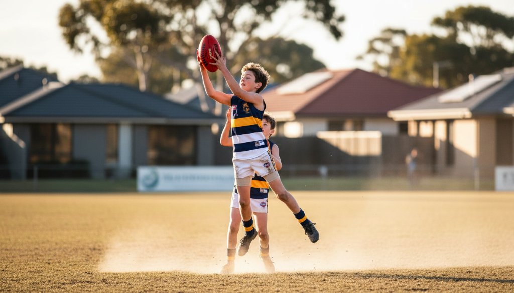 A dynamic, low-angle shot of a young athlete mid-air, scoring a goal at a Caroline Springs local sports ground, dramatically lit by golden hour sun, perfectly capturing junior sports action Caroline Springs.