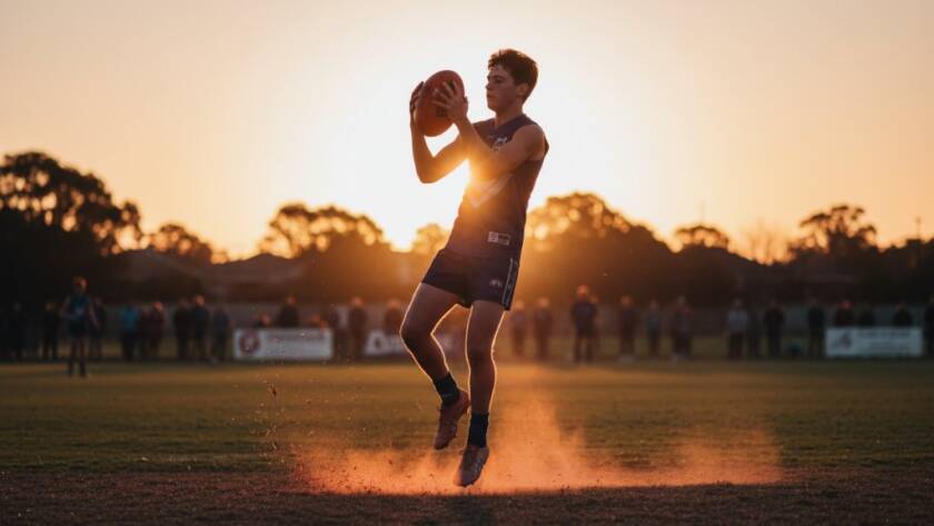 A dramatic, professionally color-graded wide shot of a young athlete, mid-action, scoring a goal at a local Caulfield South oval, bathed in golden hour light, perfectly capturing junior sports action Caulfield South with intense focus and dynamic energy.