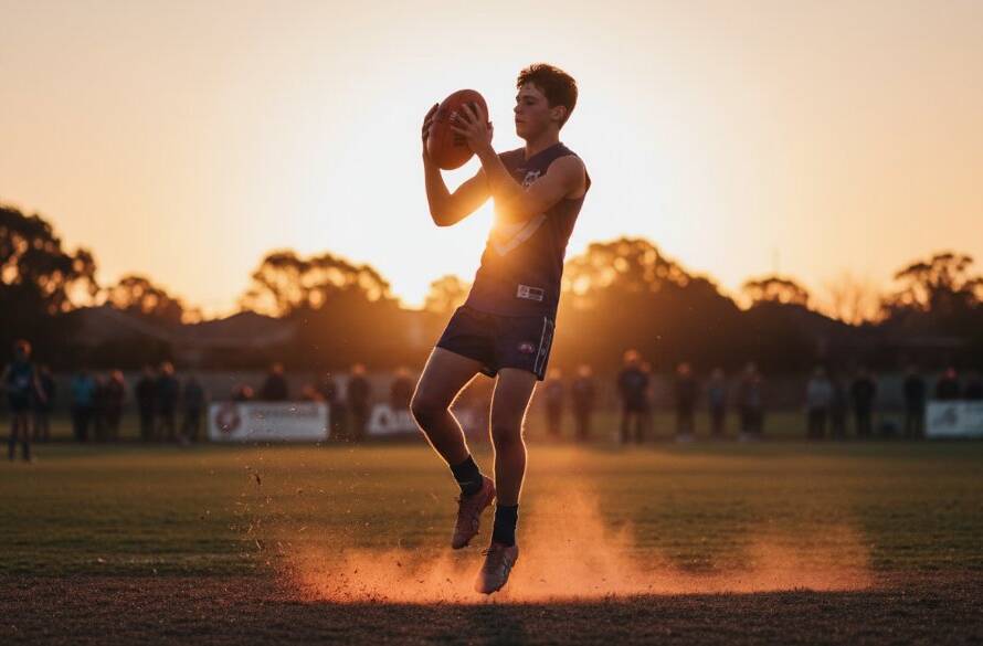 A dramatic, professionally color-graded wide shot of a young athlete, mid-action, scoring a goal at a local Caulfield South oval, bathed in golden hour light, perfectly capturing junior sports action Caulfield South with intense focus and dynamic energy.