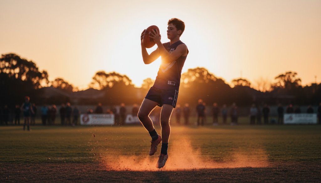 A dramatic, professionally color-graded wide shot of a young athlete, mid-action, scoring a goal at a local Caulfield South oval, bathed in golden hour light, perfectly capturing junior sports action Caulfield South with intense focus and dynamic energy.