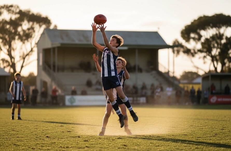 Dynamic wide-angle shot capturing junior sports action Chelsea Victoria, showing a young Australian rules football player mid-air attempting a mark at Chelsea Recreation Reserve, bathed in golden hour light with spectators blurred in the background, conveying triumph and excitement.