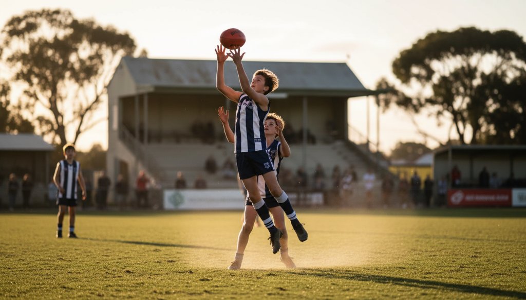 Dynamic wide-angle shot capturing junior sports action Chelsea Victoria, showing a young Australian rules football player mid-air attempting a mark at Chelsea Recreation Reserve, bathed in golden hour light with spectators blurred in the background, conveying triumph and excitement.