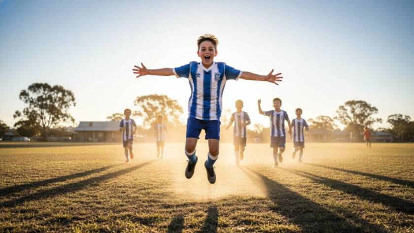 Dynamic close-up of a young athlete mid-action, triumphantly celebrating a goal during a game in Langwarrin, expertly capturing junior sports action Langwarrin with dramatic lighting.