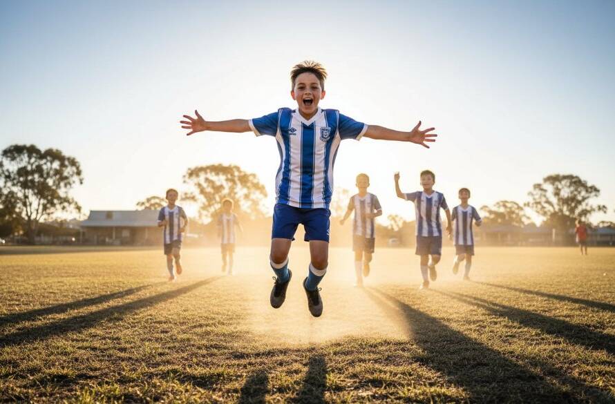 Dynamic close-up of a young athlete mid-action, triumphantly celebrating a goal during a game in Langwarrin, expertly capturing junior sports action Langwarrin with dramatic lighting.