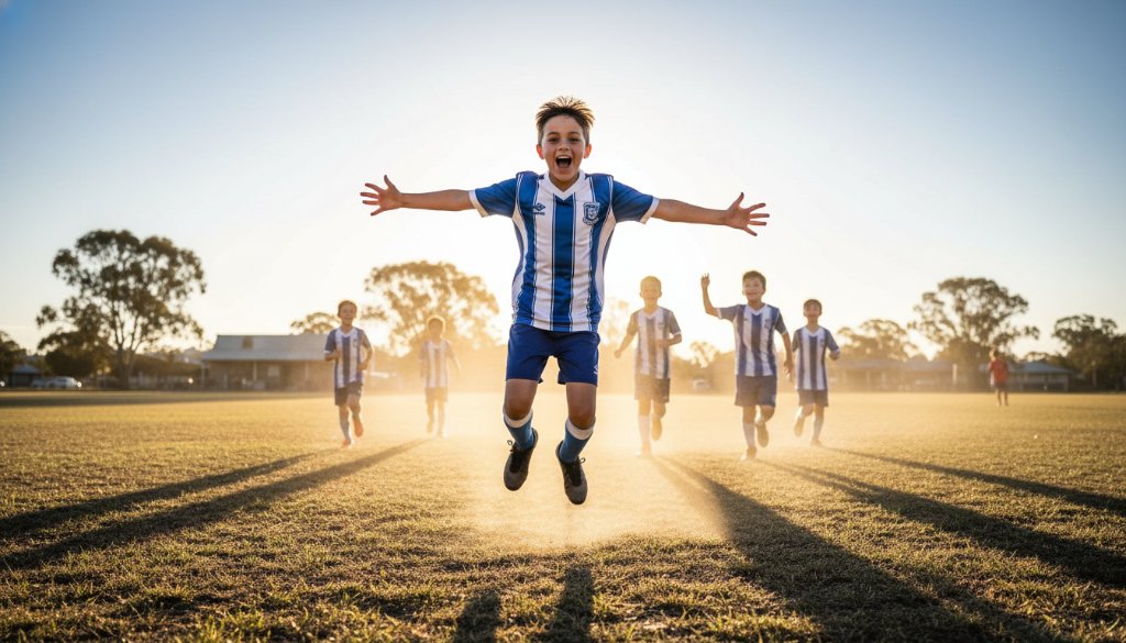 Dynamic close-up of a young athlete mid-action, triumphantly celebrating a goal during a game in Langwarrin, expertly capturing junior sports action Langwarrin with dramatic lighting.