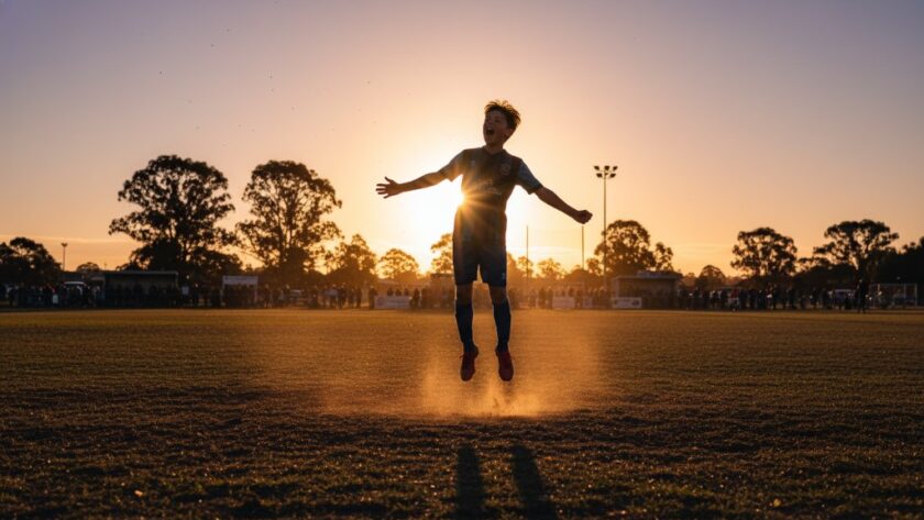 An epic moment of a young athlete mid-jump during a soccer match in Lucas, perfectly illustrating capturing junior sports action Lucas Vic, with dynamic lighting and sharp focus.