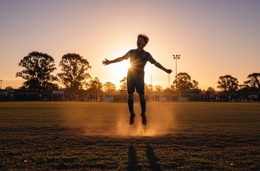An epic moment of a young athlete mid-jump during a soccer match in Lucas, perfectly illustrating capturing junior sports action Lucas Vic, with dynamic lighting and sharp focus.