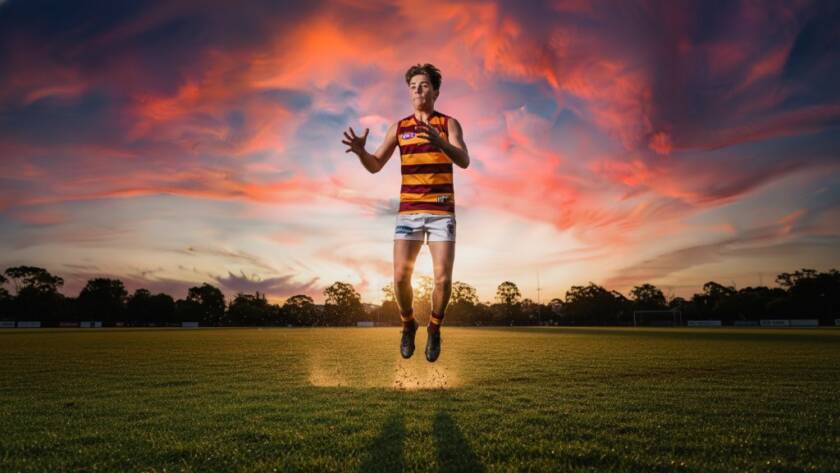 An epic moment of a young athlete triumphantly kicking a football during a sunset match at a Malvern East sports oval, perfectly capturing junior sports action in Malvern East with dynamic lighting and intense focus.