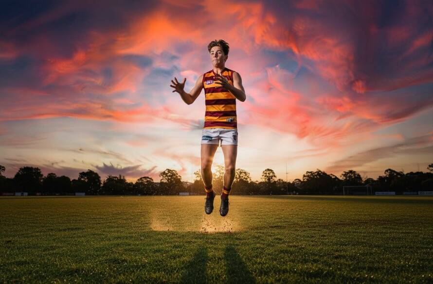 An epic moment of a young athlete triumphantly kicking a football during a sunset match at a Malvern East sports oval, perfectly capturing junior sports action in Malvern East with dynamic lighting and intense focus.