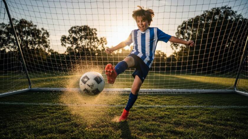 Dynamic image of a young athlete mid-action, triumphantly scoring a goal in a junior sports match at a Point Cook oval, illustrating exceptional capturing junior sports action photography Point Cook.