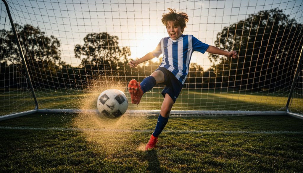Dynamic image of a young athlete mid-action, triumphantly scoring a goal in a junior sports match at a Point Cook oval, illustrating exceptional capturing junior sports action photography Point Cook.