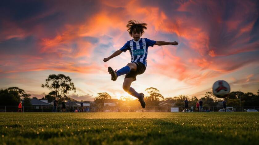 An epic moment of a young athlete scoring a goal in a dramatic, low-angle shot on a vibrant green sports field in Surrey Hills, Victoria, captured with professional sports photography, showcasing intense focus and dynamic movement under golden hour light.