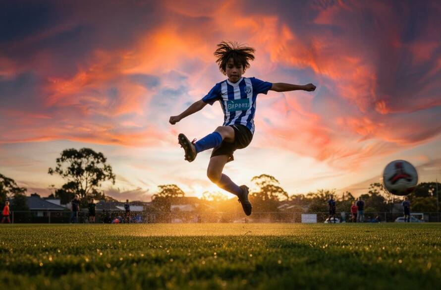 An epic moment of a young athlete scoring a goal in a dramatic, low-angle shot on a vibrant green sports field in Surrey Hills, Victoria, captured with professional sports photography, showcasing intense focus and dynamic movement under golden hour light.