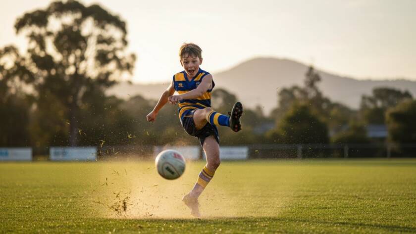 An exhilarating close-up of a young footballer mid-kick, capturing junior sports action The Basin Victoria, with a blurred natural parkland background, showcasing intense focus and dynamic movement under dramatic golden hour lighting.