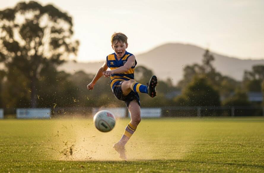 An exhilarating close-up of a young footballer mid-kick, capturing junior sports action The Basin Victoria, with a blurred natural parkland background, showcasing intense focus and dynamic movement under dramatic golden hour lighting.