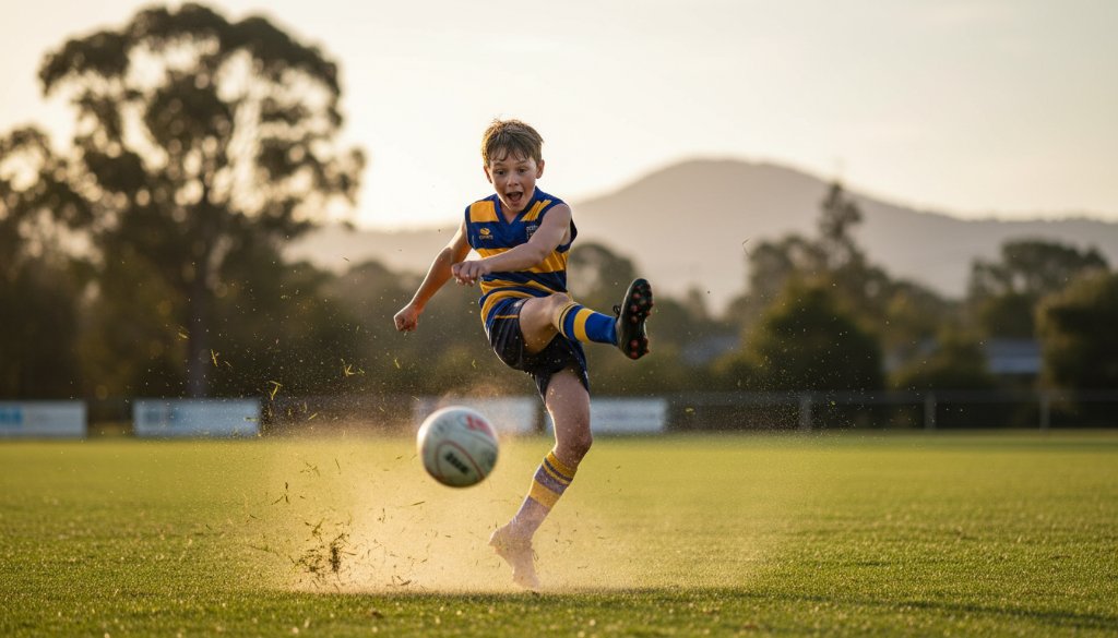 An exhilarating close-up of a young footballer mid-kick, capturing junior sports action The Basin Victoria, with a blurred natural parkland background, showcasing intense focus and dynamic movement under dramatic golden hour lighting.