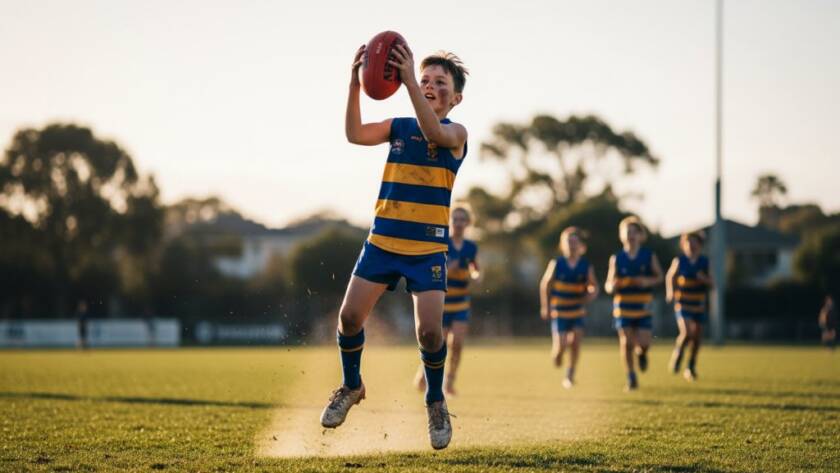 A thrilling, dynamic shot of a young athlete mid-action, capturing junior sports action Wantirna South with dramatic lighting and intense focus during a local football match at a Wantirna South oval.