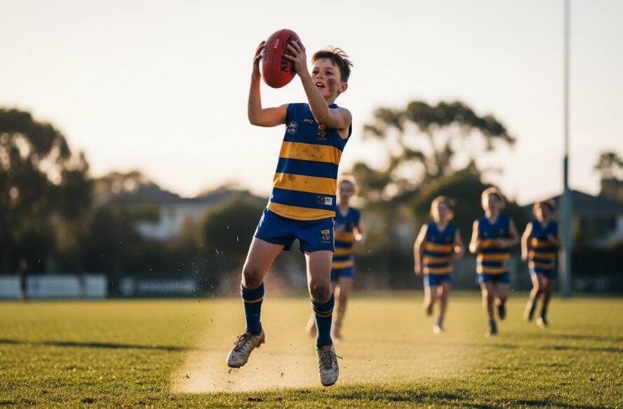 A thrilling, dynamic shot of a young athlete mid-action, capturing junior sports action Wantirna South with dramatic lighting and intense focus during a local football match at a Wantirna South oval.