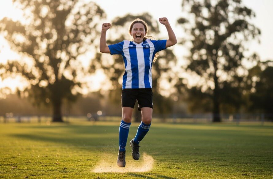 A dynamic, low-angle shot capturing junior sports action Warragul, featuring a young athlete scoring a goal in a soccer match at Warragul Showgrounds, with dramatic sunset lighting highlighting the movement and jubilation.