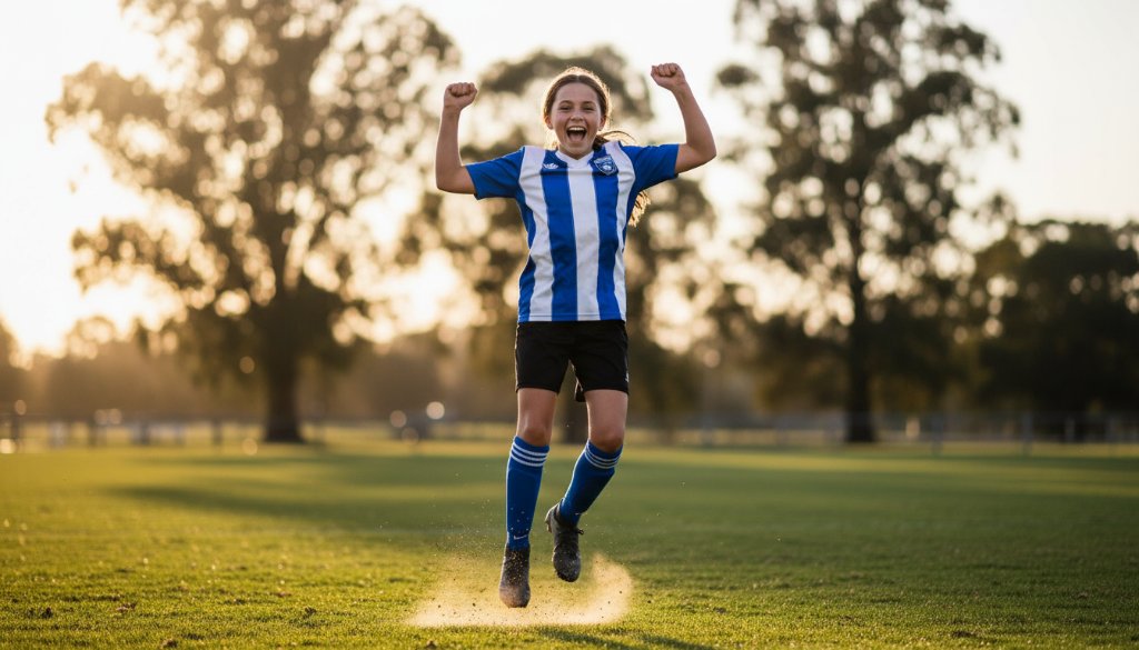 A dynamic, low-angle shot capturing junior sports action Warragul, featuring a young athlete scoring a goal in a soccer match at Warragul Showgrounds, with dramatic sunset lighting highlighting the movement and jubilation.