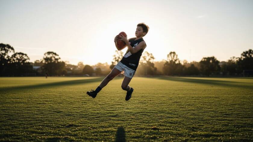 Dynamic action shot capturing junior sports action Warrandyte South, a young athlete mid-stride with intense focus, dramatic golden hour lighting, blurred background of a vibrant green sports oval, showcasing an epic moment of athleticism and determination.