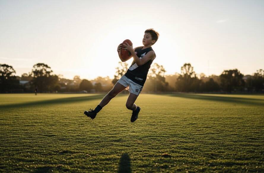 Dynamic action shot capturing junior sports action Warrandyte South, a young athlete mid-stride with intense focus, dramatic golden hour lighting, blurred background of a vibrant green sports oval, showcasing an epic moment of athleticism and determination.