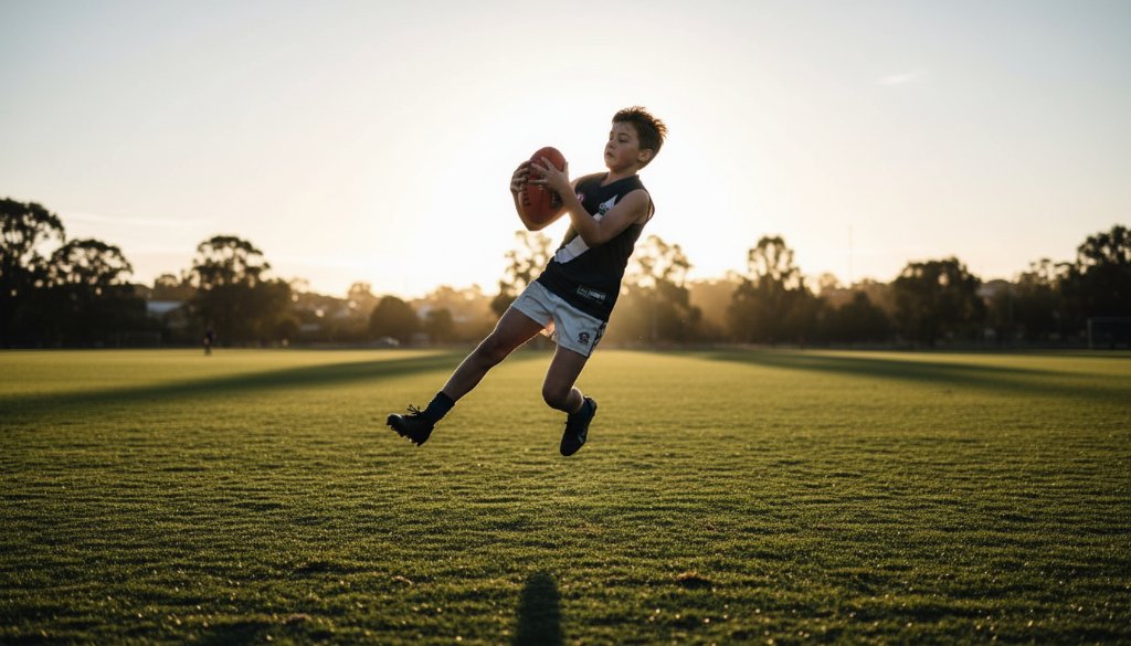 Dynamic action shot capturing junior sports action Warrandyte South, a young athlete mid-stride with intense focus, dramatic golden hour lighting, blurred background of a vibrant green sports oval, showcasing an epic moment of athleticism and determination.