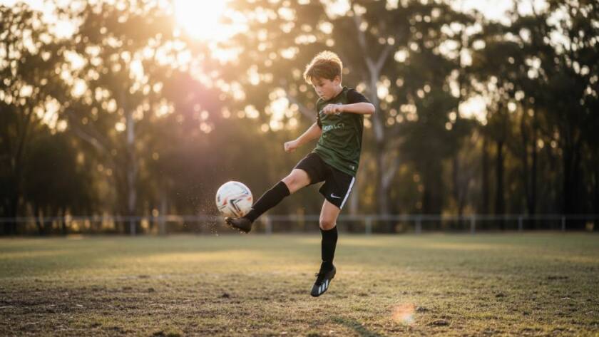 Dynamic wide-angle shot of a young soccer player in mid-air, striking the ball with intensity during a sunset match, perfectly capturing junior sports action Warrandyte South with dramatic lens flare and vivid colours, showcasing an epic moment of athletic prowess against a blurred bushland backdrop.