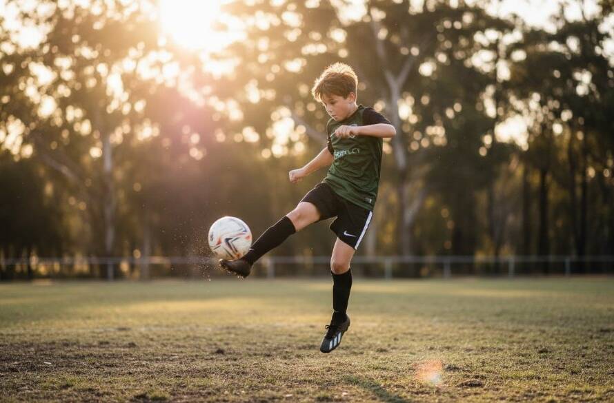 Dynamic wide-angle shot of a young soccer player in mid-air, striking the ball with intensity during a sunset match, perfectly capturing junior sports action Warrandyte South with dramatic lens flare and vivid colours, showcasing an epic moment of athletic prowess against a blurred bushland backdrop.
