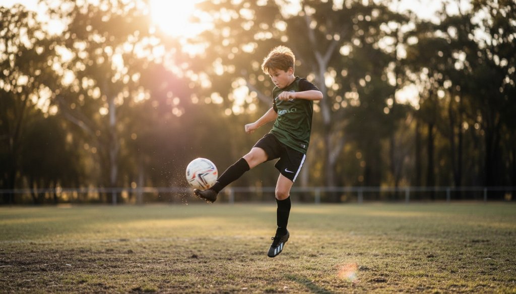 Dynamic wide-angle shot of a young soccer player in mid-air, striking the ball with intensity during a sunset match, perfectly capturing junior sports action Warrandyte South with dramatic lens flare and vivid colours, showcasing an epic moment of athletic prowess against a blurred bushland backdrop.