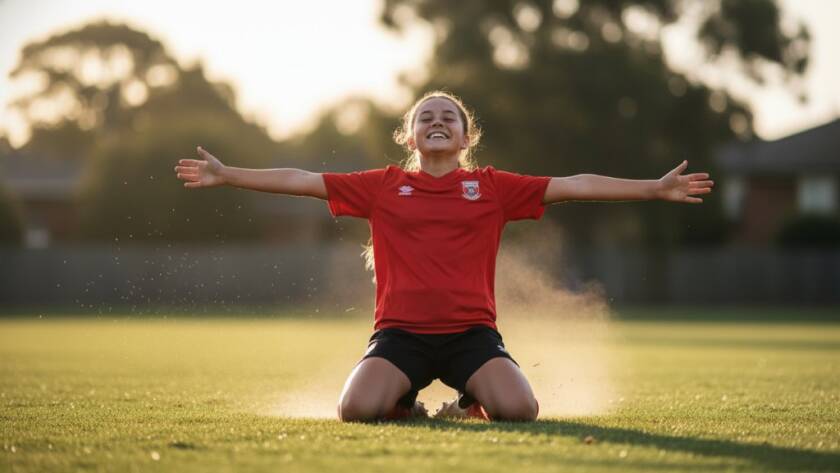 An epic moment of a young athlete celebrating a decisive victory, sweat gleaming on their face, arms raised in pure triumph against the setting sun over an Oakleigh South sports oval, perfectly Capturing junior sports glory Oakleigh South, professional sports photography with dramatic golden hour lighting and bokeh.