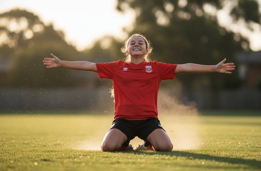 An epic moment of a young athlete celebrating a decisive victory, sweat gleaming on their face, arms raised in pure triumph against the setting sun over an Oakleigh South sports oval, perfectly Capturing junior sports glory Oakleigh South, professional sports photography with dramatic golden hour lighting and bokeh.