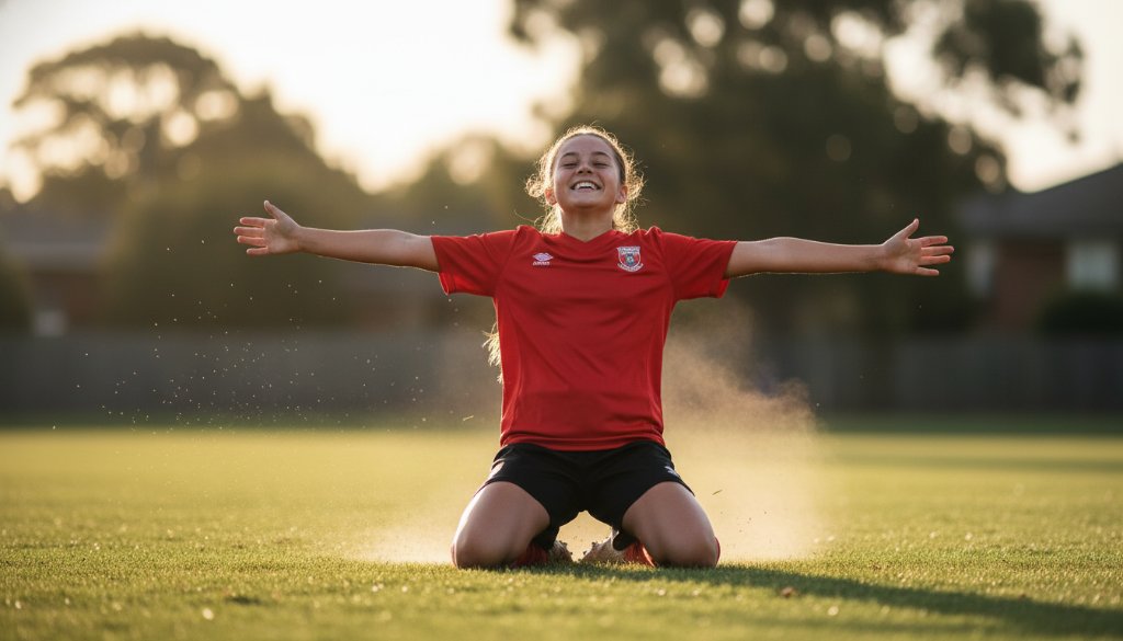 An epic moment of a young athlete celebrating a decisive victory, sweat gleaming on their face, arms raised in pure triumph against the setting sun over an Oakleigh South sports oval, perfectly Capturing junior sports glory Oakleigh South, professional sports photography with dramatic golden hour lighting and bokeh.
