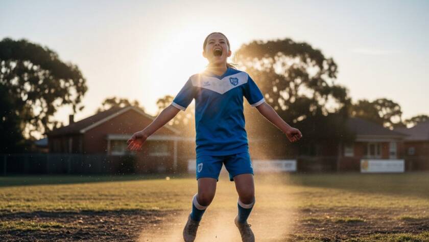 A young female soccer player in mid-air, celebrating after scoring a winning goal during a dramatic, golden hour match at a local oval in Sunshine, Victoria, capturing junior sports glory Sunshine Victoria with dynamic action, lens flare, and professional colour grading.