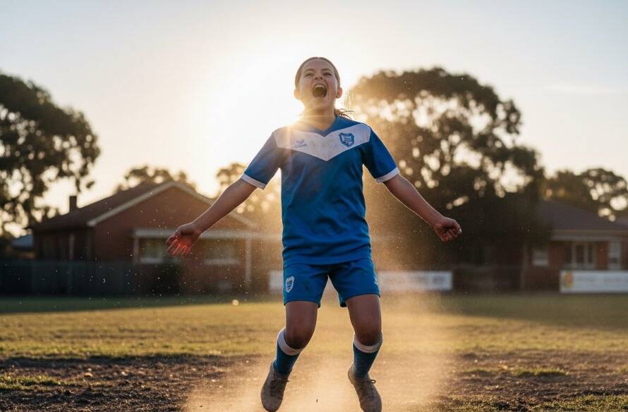 A young female soccer player in mid-air, celebrating after scoring a winning goal during a dramatic, golden hour match at a local oval in Sunshine, Victoria, capturing junior sports glory Sunshine Victoria with dynamic action, lens flare, and professional colour grading.