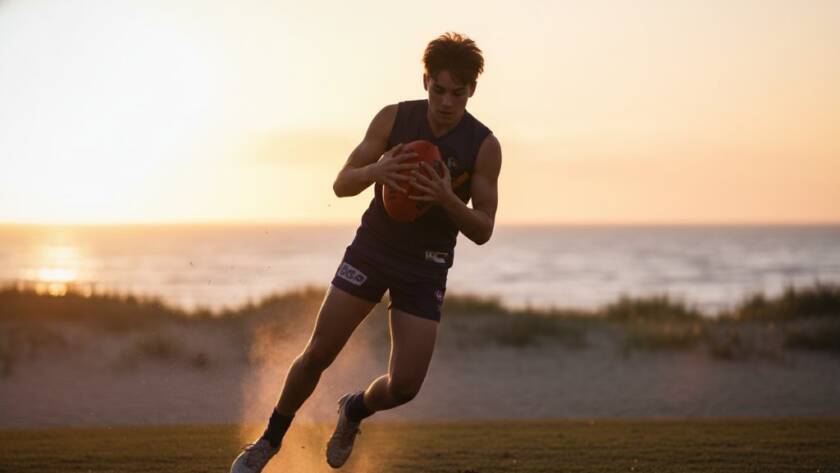 Dynamic wide-angle shot capturing junior sports Mordialloc photography, featuring a young soccer player mid-kick during a sunset match at Ben Kavanagh Reserve, with dramatic lens flare and cheering parents in the blurred background, highlighting an epic moment of youthful determination.