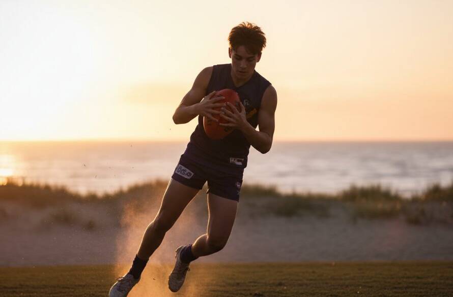 Dynamic wide-angle shot capturing junior sports Mordialloc photography, featuring a young soccer player mid-kick during a sunset match at Ben Kavanagh Reserve, with dramatic lens flare and cheering parents in the blurred background, highlighting an epic moment of youthful determination.